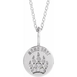 14K White Gold Round 1.2Mm G-H I1 .03 Ctw Natural Diamond Mama Bear Necklace, Length: 18 In