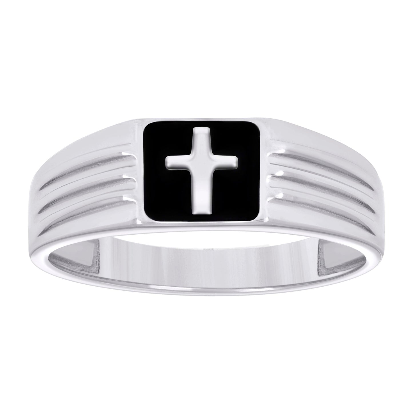 Sterling Silver Men's Black Enameled Cross Religious Bridal Anniversary Wedding Engagement Band Ring