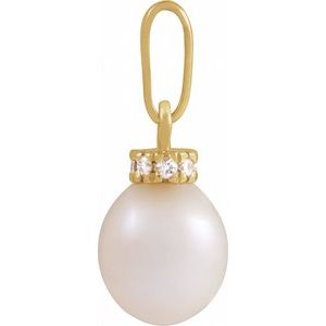 14K Yellow Gold Pearl 7-8 Mm H+ I1 Cultured White Freshwater Pearl And .08 Ctw Natural Diamond Pendant