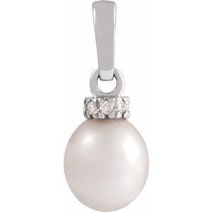 14K White Gold Pearl 7-8 Mm H+ I1 Cultured White Freshwater Pearl And .08 Ctw Natural Diamond Pendant