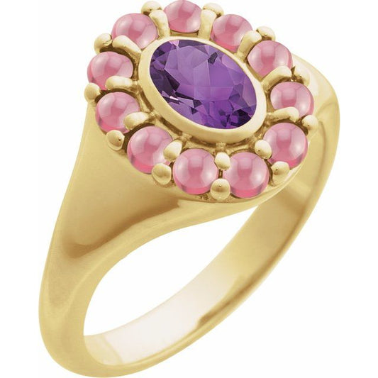 14K Yellow Gold Oval 7 X 5 Mm Polished Natural Amethyst And Cabochon Natural Rhodolite Garnet Halo-Style Ring, Size 7