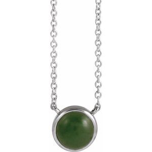 14K White Gold Round 6Mm  Natural Nephrite Jade Cabochon Bezel-Set Necklace, Length: 18 In