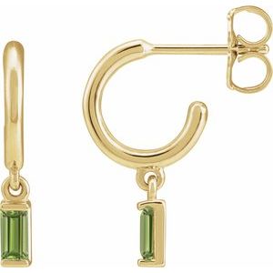 14K Yellow Gold Pair Straight Baguette Shape 4 X 2 Mm Natural Peridot Dangle Hoop Earrings, Length: 17.6 Mm, Thickness: 4.6 Mm