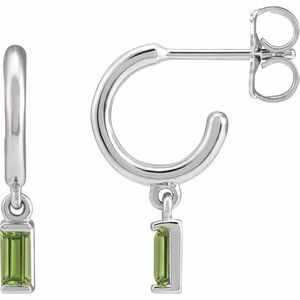 14K White Gold Pair Straight Baguette Shape 4 X 2 Mm Natural Peridot Dangle Hoop Earrings, Length: 17.6 Mm, Thickness: 4.6 Mm