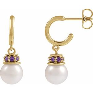 14K Yellow Gold Pearl 7-7.5 Mm Cultured Pearl And Lab-Grown Purple Sapphire Earrings