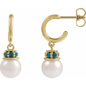 14K Yellow Gold Pearl 7-7.5 Mm Cultured Pearl And Natural London Blue Topaz Earrings