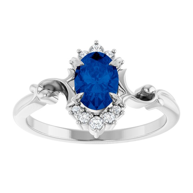 14K White Gold Oval 7 X 5 Mm Polished Lab-Grown Blue Sapphire And .08 Ctw Natural Diamond Ring, Size 7
