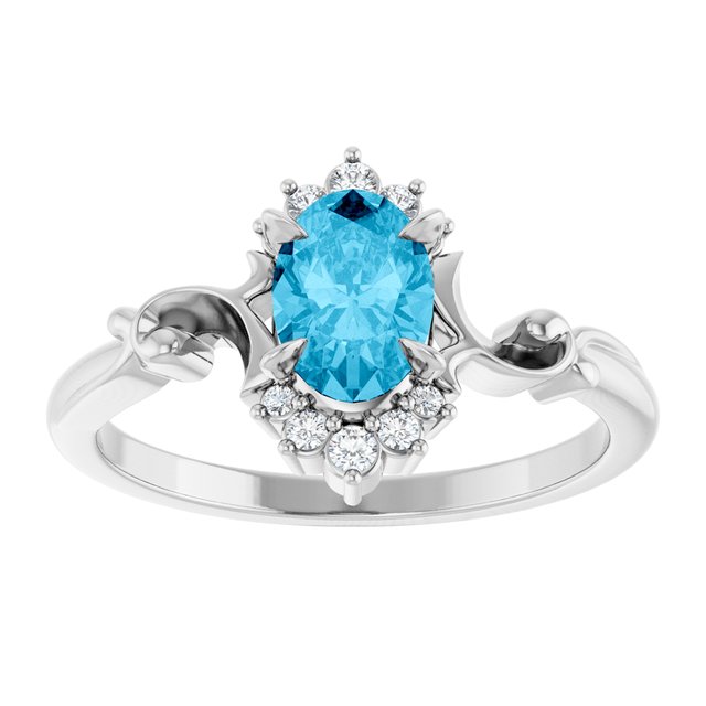 14K White Gold Oval 7 X 5 Mm Polished Lab-Grown Aqua Sapphire And .08 Ctw Natural Diamond Ring, Size 7