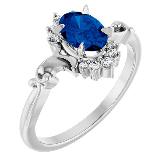14K White Gold Oval 7 X 5 Mm Polished Lab-Grown Blue Sapphire And .08 Ctw Natural Diamond Ring, Size 7