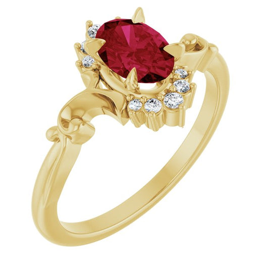 14K Yellow Gold Oval 7 X 5 Mm Polished Lab-Grown Ruby And .08 Ctw Natural Diamond Ring, Size 7