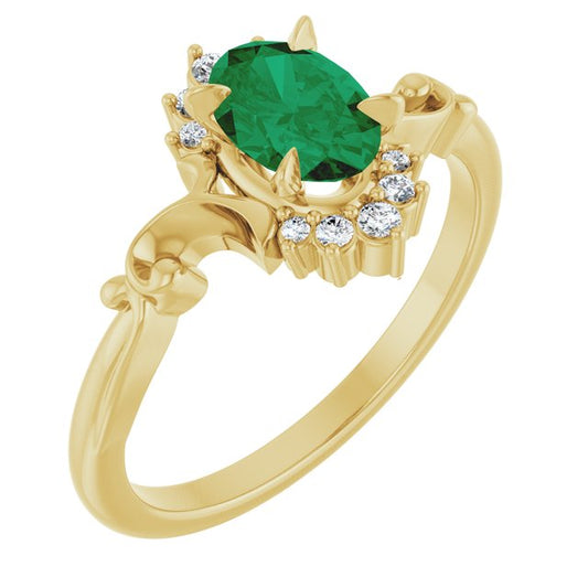 14K Yellow Gold Oval 7 X 5 Mm Polished Lab-Grown Emerald And .08 Ctw Natural Diamond Ring, Size 7