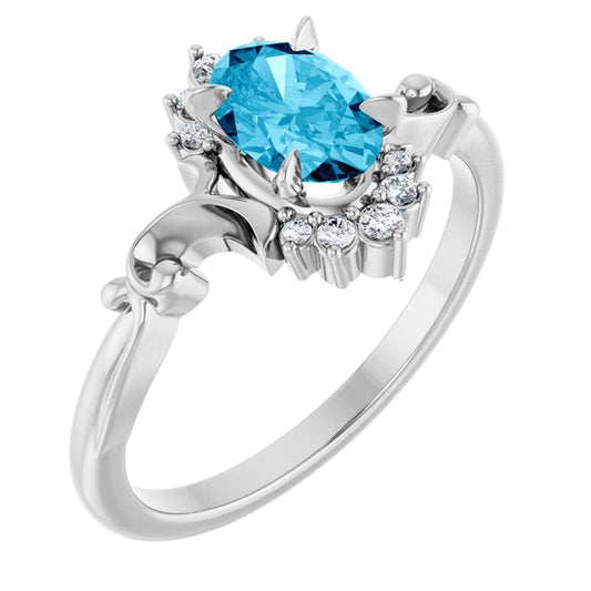 14K White Gold Oval 7 X 5 Mm Polished Lab-Grown Aqua Sapphire And .08 Ctw Natural Diamond Ring, Size 7