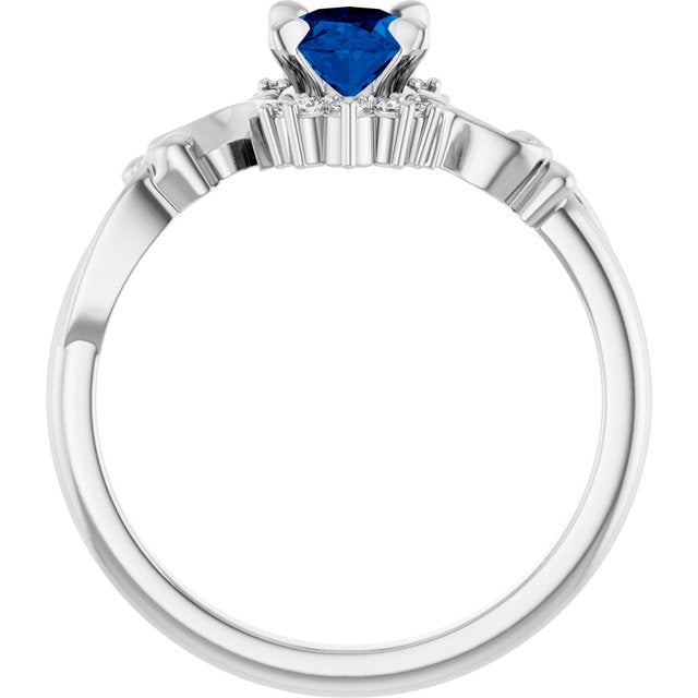 14K White Gold Oval 7 X 5 Mm Polished Lab-Grown Blue Sapphire And .08 Ctw Natural Diamond Ring, Size 7