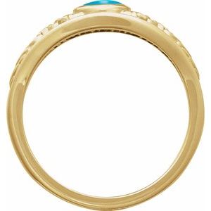 14K Yellow Gold  Oval 5 X 3 Mm Polished Natural Turquoise Floral Bezel Set Cabochon Ring Size 7