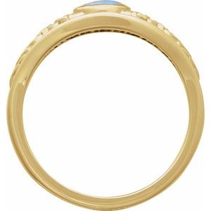 14K Yellow Gold  Oval 5 X 3 Mm Polished Natural Rainbow Moonstone Floral Bezel Set Cabochon Ring Size 7
