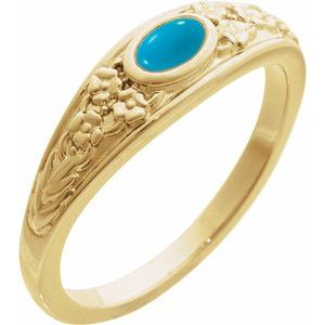 14K Yellow Gold  Oval 5 X 3 Mm Polished Natural Turquoise Floral Bezel Set Cabochon Ring Size 7