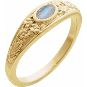 14K Yellow Gold  Oval 5 X 3 Mm Polished Natural Rainbow Moonstone Floral Bezel Set Cabochon Ring Size 7