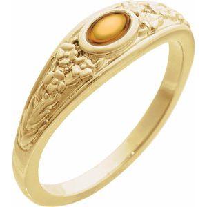 14K Yellow Gold  Oval 5 X 3 Mm Polished Natural Citrine Floral Bezel Set Cabochon Ring Size 7