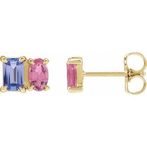 14K Yellow Gold Emerald 5 X 3 Mm Natural Tanzanite And Natural Pink Tourmaline Stud Earrings