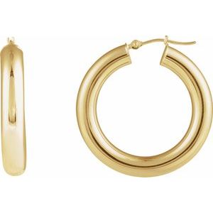 14K Yellow Gold Pair Round Tube Hoop Earrings, Length: 30 Mm, Thickness: 5 Mm