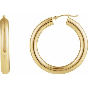 14K Yellow Gold Pair Round Tube Hoop Earrings, Length: 35 Mm, Thickness: 5 Mm
