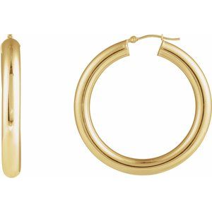 14K Yellow Gold Pair Round Tube Hoop Earrings, Length: 40 Mm, Thickness: 5 Mm