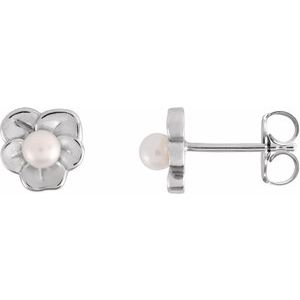 Sterling Silver Pearl Shape 3 Mm Cultured Pearl Floral Earrings