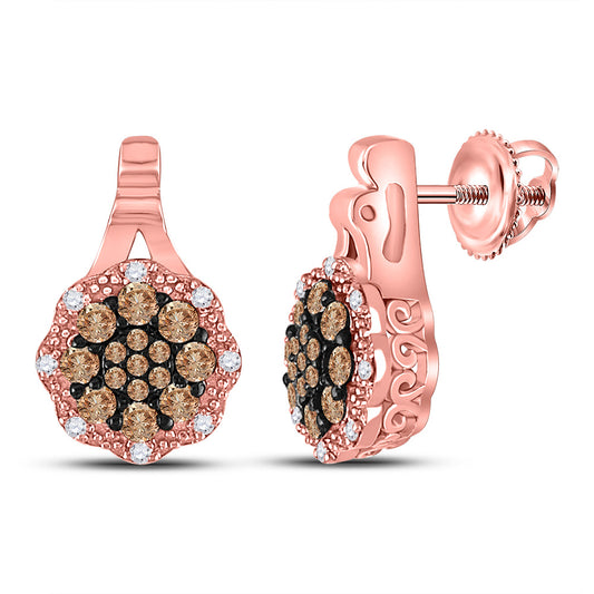 14K Rose Gold Womens Round Brown Diamond Cluster Earrings 1/2 Cttw