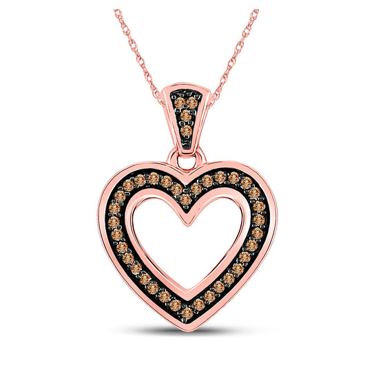 10K Rose Gold Womens Round Brown Diamond Heart Pendant 1/10 Cttw