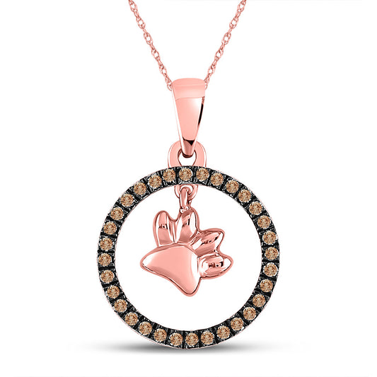 10K Rose Gold Womens Round Brown Diamond Dog Paw Print Circle Pendant 1/5 Cttw