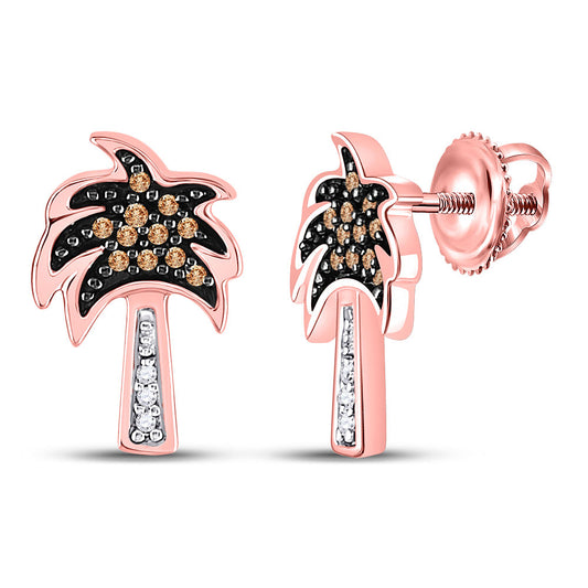 10K Rose Gold Womens Round Brown Diamond Palm Tree Earrings 1/8 Cttw