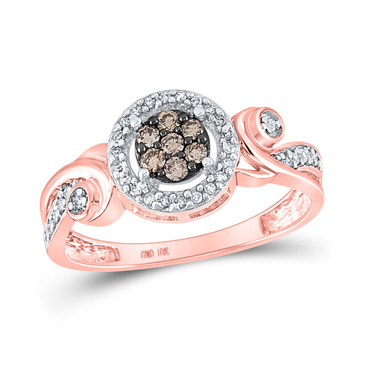 10K Rose Gold Womens Round Brown Diamond Fashion Cluster Ring 1/4 Cttw, Womens Size: 5-10
