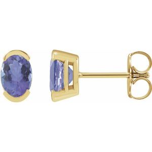 14K Yellow Gold Oval Shape 6 X 4 Mm Natural Tanzanite Half Bezel Earrings