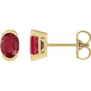 14K Yellow Gold Oval Shape 6 X 4 Mm Lab-Grown Ruby Half Bezel Earrings