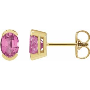 14K Yellow Gold Oval Shape 6 X 4 Mm Lab-Grown Pink Sapphire Half Bezel Earrings