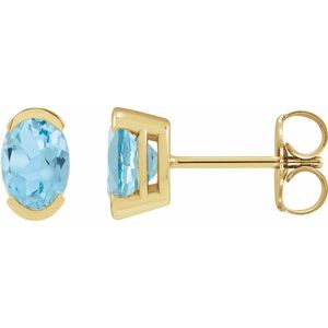 14K Yellow Gold Oval Shape 6 X 4 Mm Natural Sky Blue Topaz Half Bezel Earrings