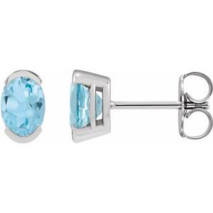 14K White Gold Oval Shape 6 X 4 Mm Natural Sky Blue Topaz Half Bezel Earrings