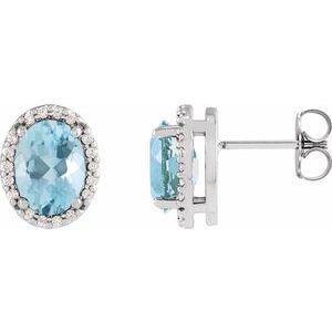 14K White Gold Oval 6 X 4 Mm Natural Aquamarine And .06 Ctw Natural Diamond Halo-Style Basket Earrings