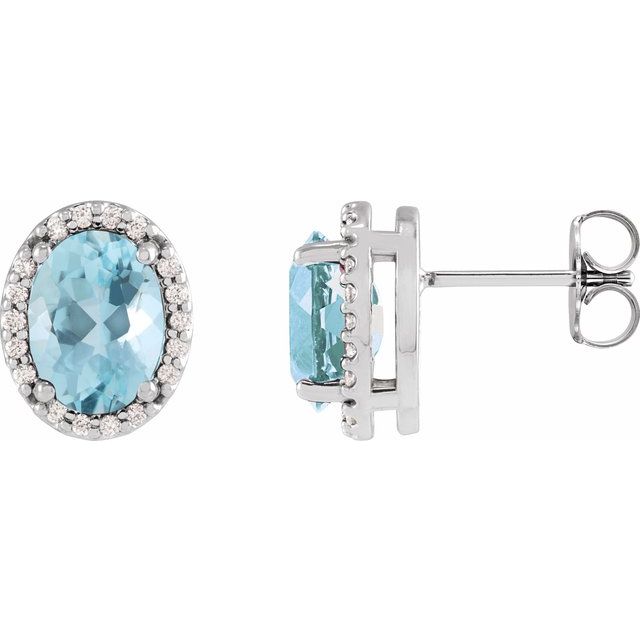 Platinum Oval 6 X 4 Mm Friction Back Polished Natural Aquamarine And .06 Ctw Natural Diamond Halo-Style Basket Earrings