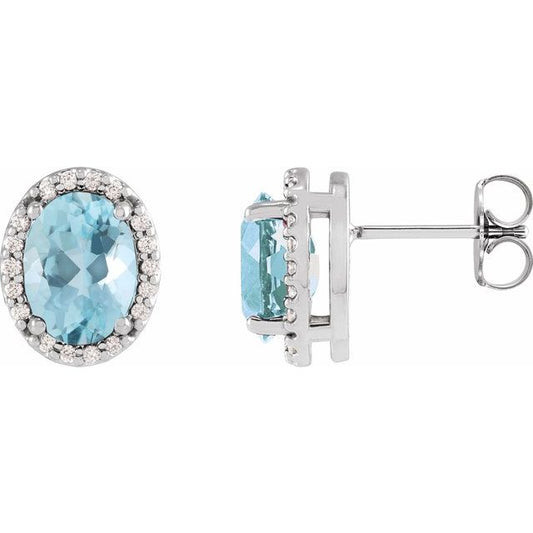 Platinum Oval 6 X 4 Mm Friction Back Polished Natural Aquamarine And .06 Ctw Natural Diamond Halo-Style Basket Earrings