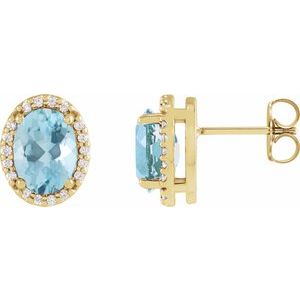 14K Yellow Gold Oval 6 X 4 Mm Natural Aquamarine And .06 Ctw Natural Diamond Halo-Style Basket Earrings