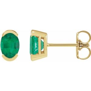 14K Yellow Gold Oval Shape 6 X 4 Mm Lab-Grown Emerald Half Bezel Earrings
