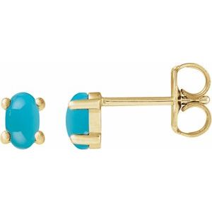 14K Yellow Gold Oval Shape 7 X 5 Mm Natural Turquoise Cabochon 4-Prong Stud Earrings