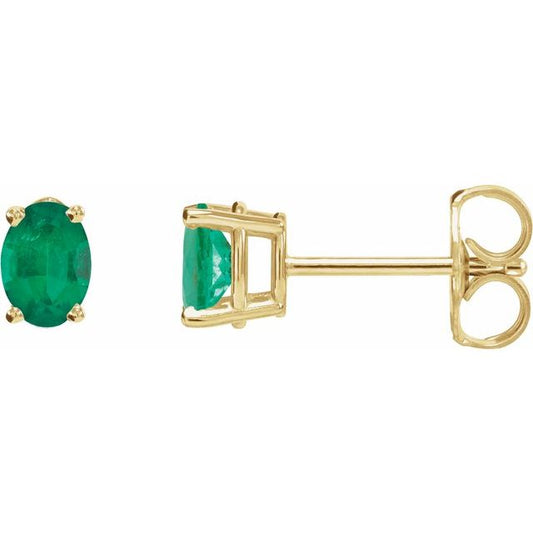 14K Yellow Gold Oval 7 X 5 Mm Friction Polished Lab-Grown Emerald 4-Prong Earrings