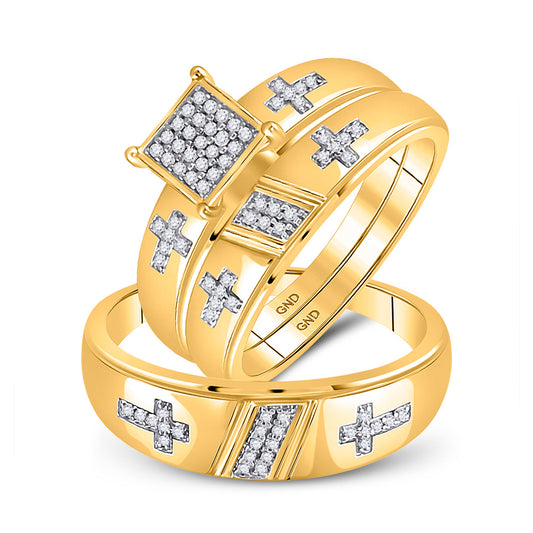 10kt Yellow Gold His Hers Diamond Cross Matching Wedding Set 1/12 Cttw