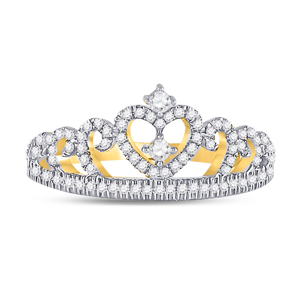 10K Yellow Gold Womens Round Diamond Heart Crown Fashion Ring 1/4 Cttw, Womens Size: 5-10