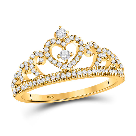 10K Yellow Gold Womens Round Diamond Heart Crown Fashion Ring 1/4 Cttw, Womens Size: 5-10