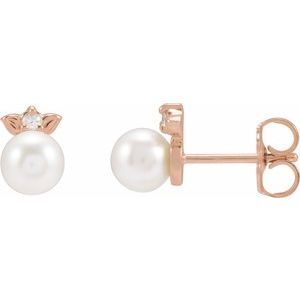 14K Rose Gold Pearl 5 Mm Cultured Pearl And .03 Ctw Natural Diamond Floral Earrings