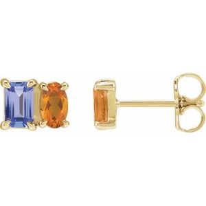 14K Yellow Gold Emerald 5 X 3 Mm Natural Tanzanite And Natural Citrine Stud Earrings