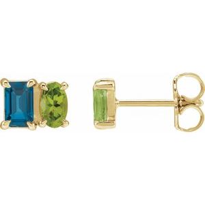 14K Yellow Gold Emerald 5 X 3 Mm Natural London Blue Topaz And Natural Peridot Stud Earrings